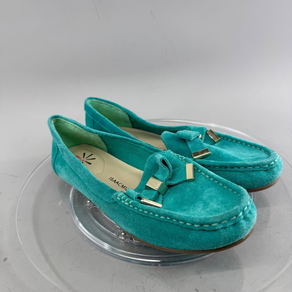 Isaac Mizrahi Live Womens Malia Suede Loafers Gold Hardware Teal Size 5M